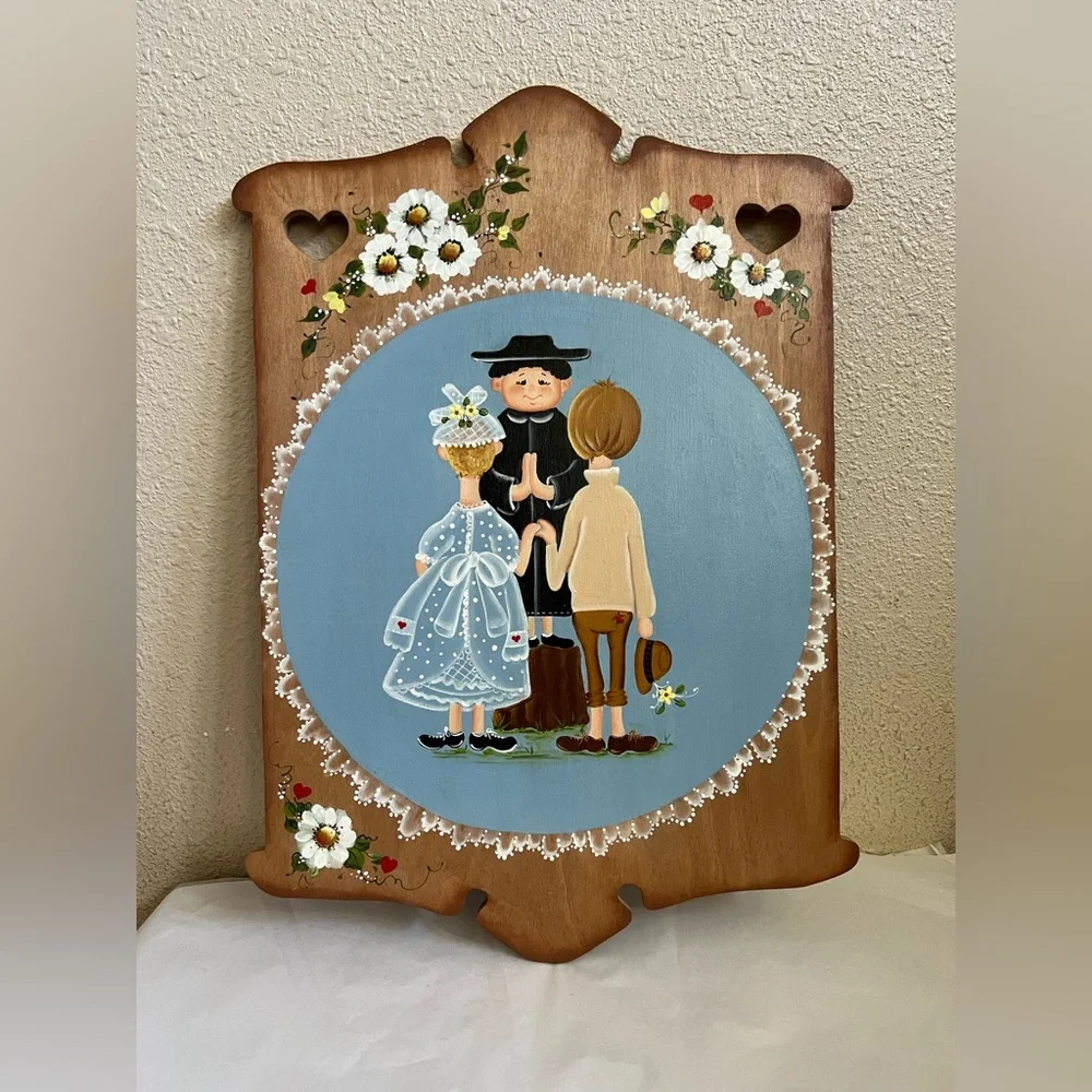 Vintage Hand Painted Folk Art Wedding Plaque Country Wall Decor